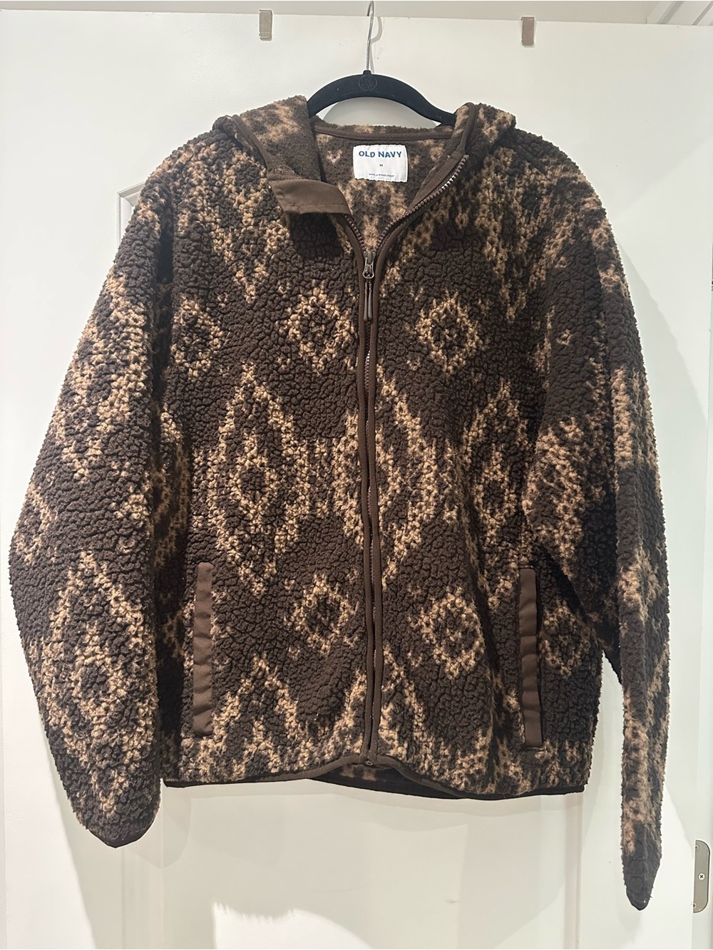 Old Navy Brown and Tan Patterned Sherpa Zip Hoodie Jacket
